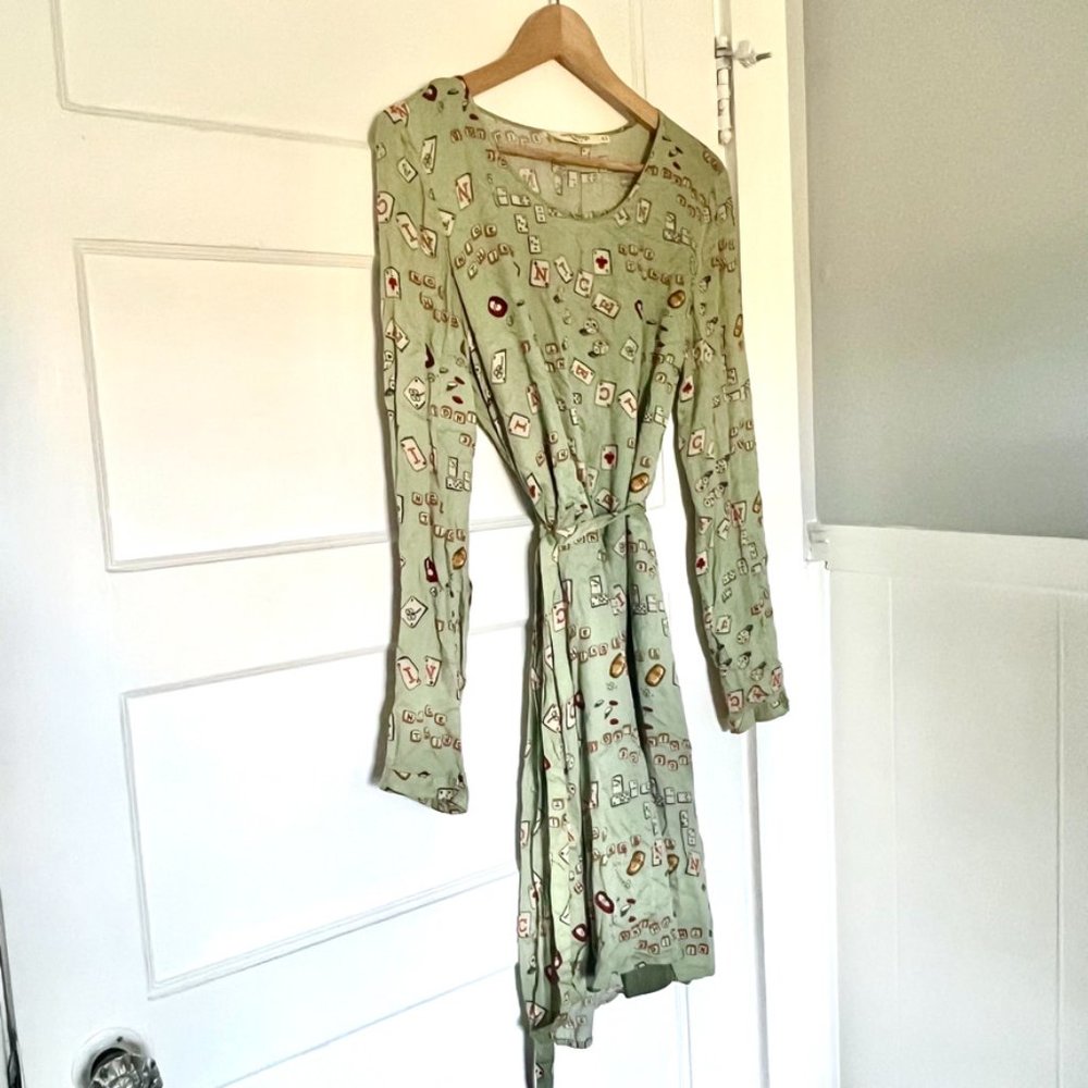Anthro Nice Things Paloma Dice and Game Green Printed Retro Style Dress